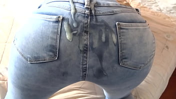 I found my stepson jerking off in my panties and for the first time I allow him to cum on my ass in jeans